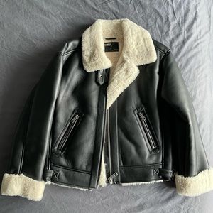 Pull & Bear Faux Leather and Faux Fur Jacket (Black, XS)